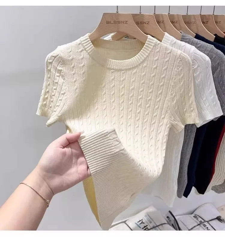 Zjaiss 2026 Sommer Koreanisches Retro Elegantes Textur-Kurzarm-Oberteil mit O-Ausschnitt und Zopfmuster für Damen – Weiches, lässiges, vielseitiges, dünnes T-Shirt