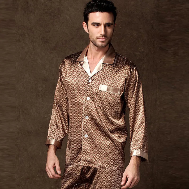 Hohe Qualität Pyjamas Set Männer Frühling Herbst Dünne Polyester Eis Seide Lange ärmeln Nachtwäsche Plus Größe Sommer Hause Kleidung männlichen