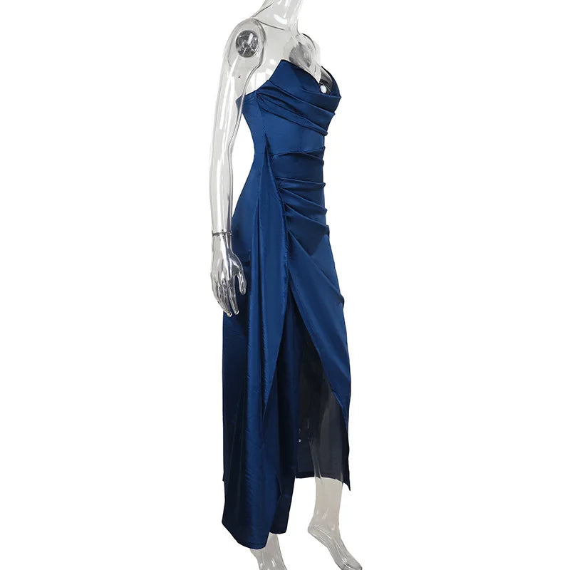 Elegantes Trägerloses Einfarbiges Abendkleid Schickes Satin-Korsettkleid für Damen V-Ausschnitt Geschlitztes Blaues Langes Kleid Damen Sommer-Partykleid