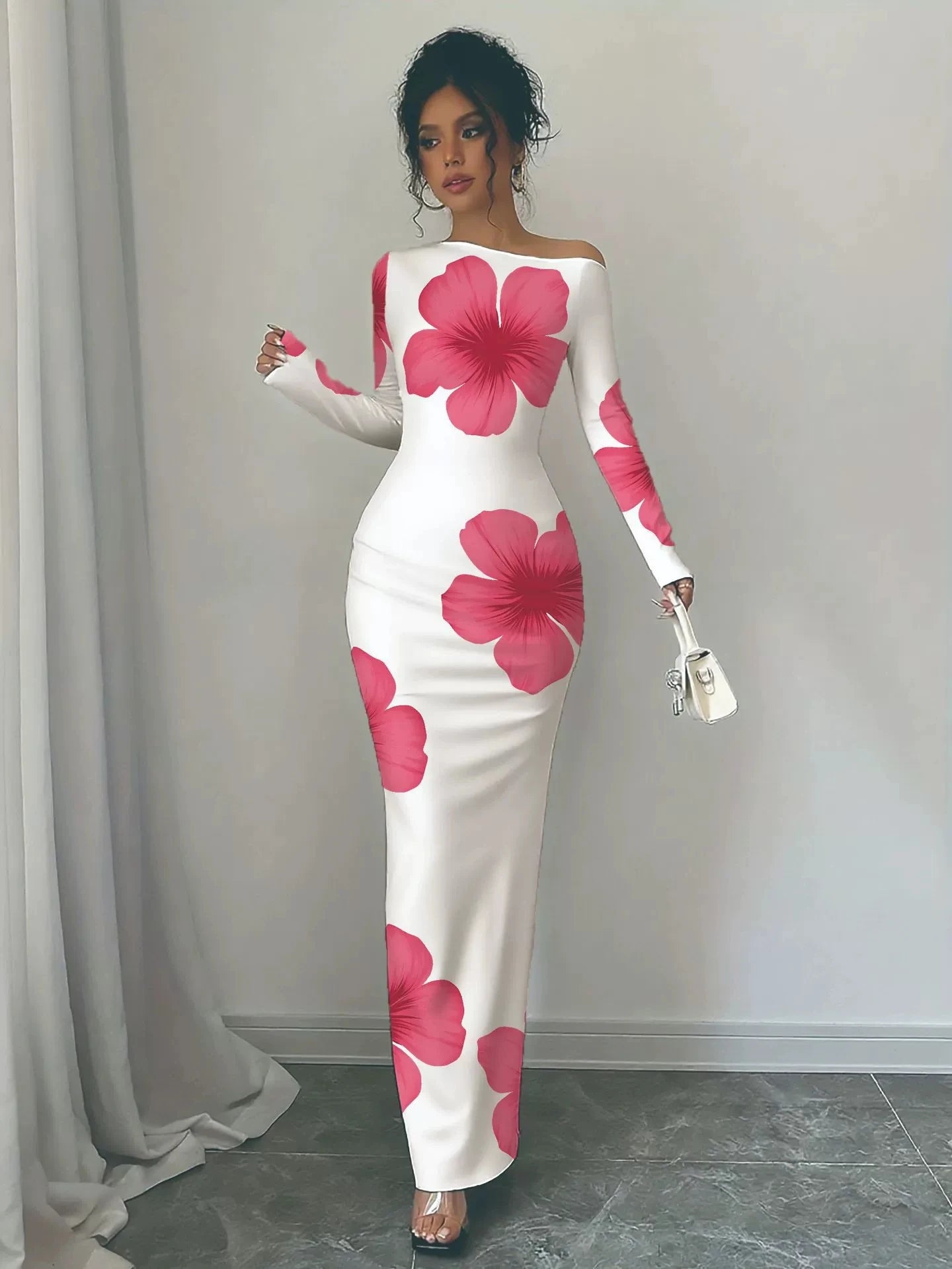 Herbst neuer Stil, individuelle einfarbige, trendige, elegante, langärmelige, figurbetonte Kleid mit hoher Taille, sexy