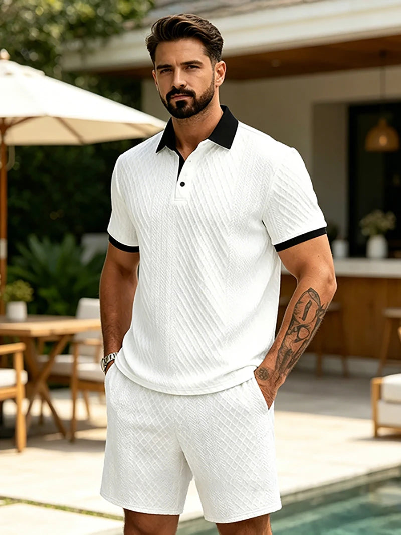 2026 Sommer Herren Jacquard-Strick Poloshirt mit Kontrastkragen Kurzarm Locker Sitzend Weich Atmungsaktiv Lässig Sport Tägliche Kleidung Oberteile