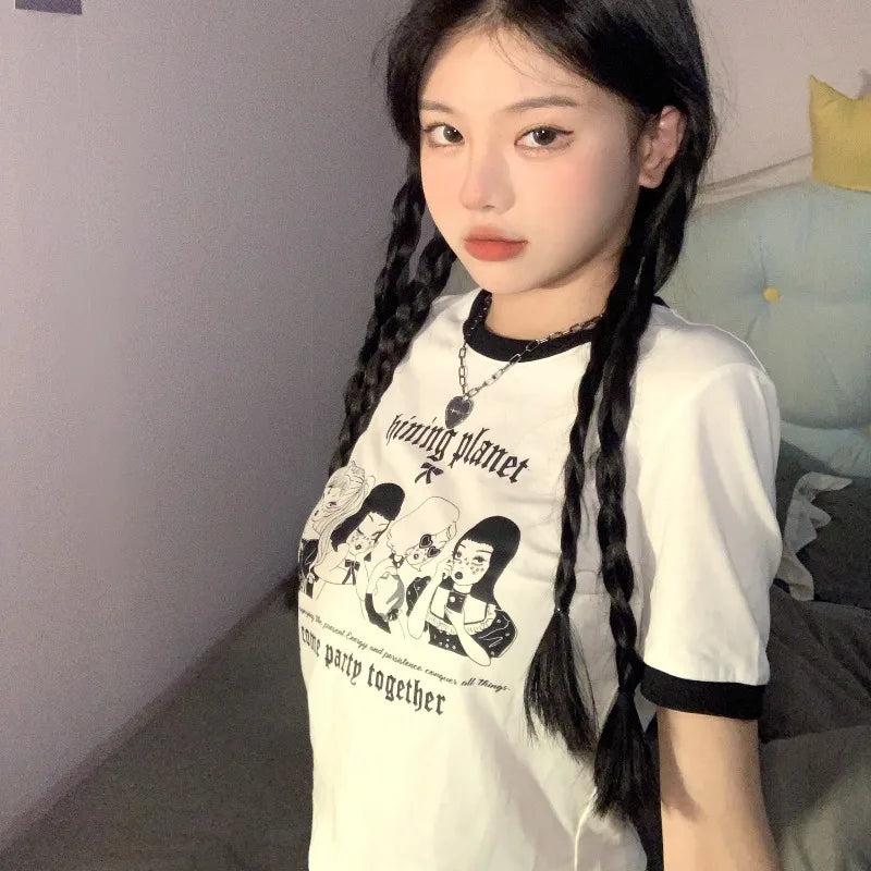 Koreanische High Street Vintage Frauen Top Rundhals Mode Brief druck Crop Top Sommer neue Frauen Kurzarm T-Shirt