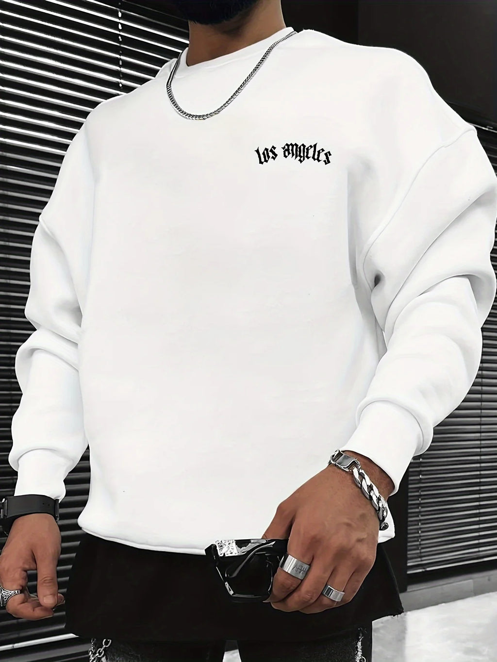 Men's autumn and winter fashionable casual loose Los Angeles letter print fleece pullover long sleeved round neck sweatshirt