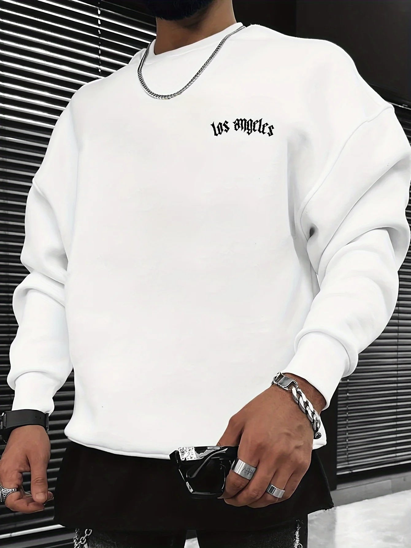 Men's autumn and winter fashionable casual loose Los Angeles letter print fleece pullover long sleeved round neck sweatshirt