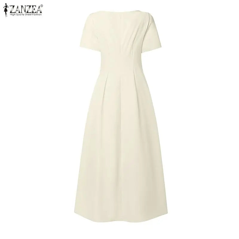 ZANZEA Damen-Maxikleid im französischen Stil, elegant, für den Sommer, quadratischer Ausschnitt, kurze Ärmel, geraffte Taille, A-Linien-Kleider, Urlaub, Tag-und-Nacht-Kleid