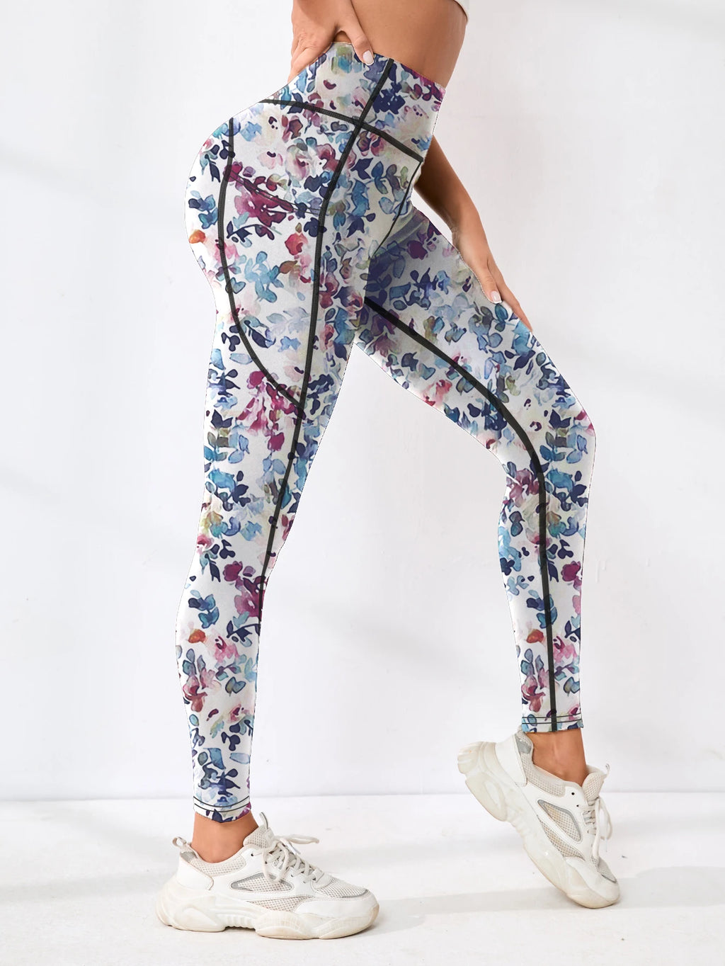 Bedruckte Damen-Fitnesshose mit hohem Bund und Tasche, gepaart mit engen Bauch-Yogahosen, geeignet zum Laufen, Wandern und Sp