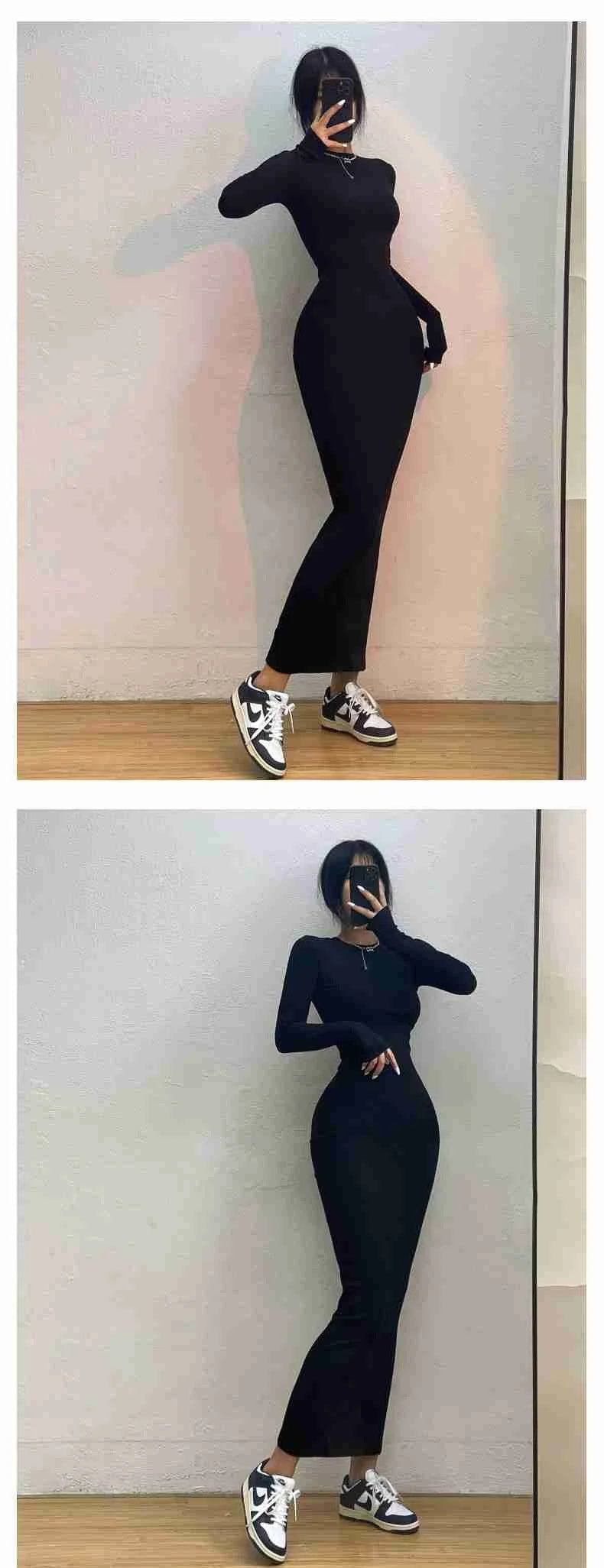 WOMENGAGA Einfache Maxi Langes Kleid Rundhals Langarm Enge Dünne Maxi Kleider Elegante Mode Koreanische Frauen Robe DEH8