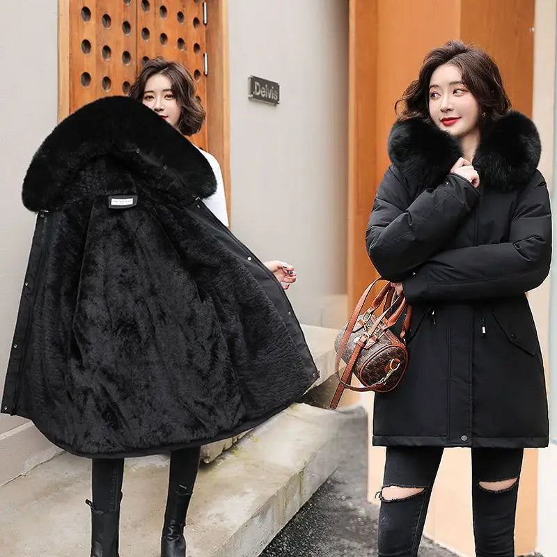 Frühling Parkas Frauen Mäntel Mittlere Länge Mantel Dicke Warme Mit Kapuze Kordelzug Jacken Splice Zipper Enge Taille Jacke Herbst Winter