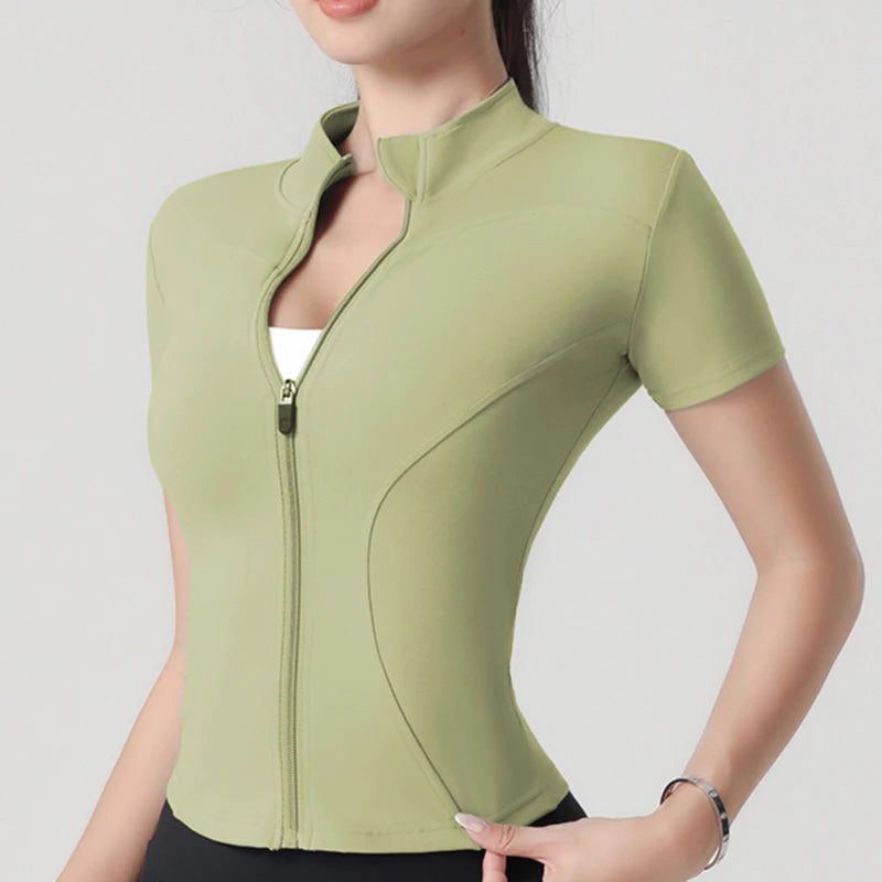 Woman yoga Jacket High Elastic Yoga Short Sleeve Coat Stand Collar Tight Sports Coat Naked Fitness Short Sleeve Female