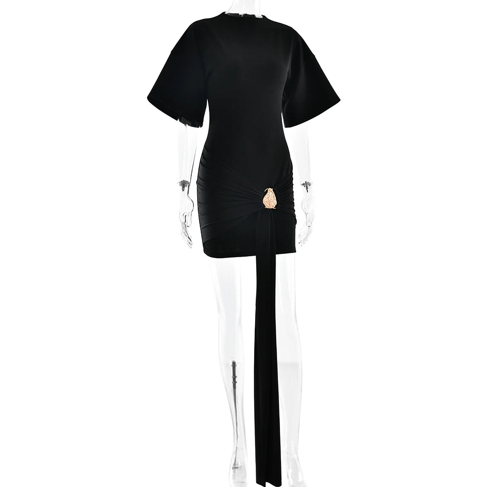Apprabant Women Buckle Ruched Ribbon Mini Dress O-Neck Metal Short Sleeve Solid Color Silm Bodycon Short Dress Casual Partywear
