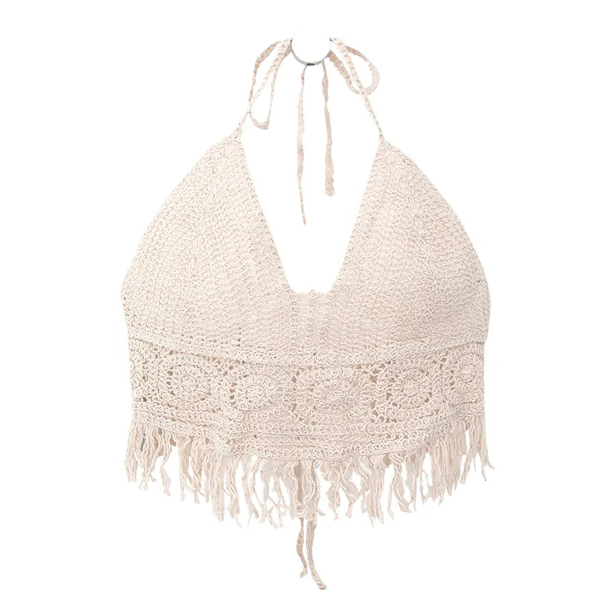 Boho Häkel-Neckholder-Top für Damen, Sommer-Strand-Strick-Crop-Top mit Quasten, rückenfrei, ärmellos, Bralette