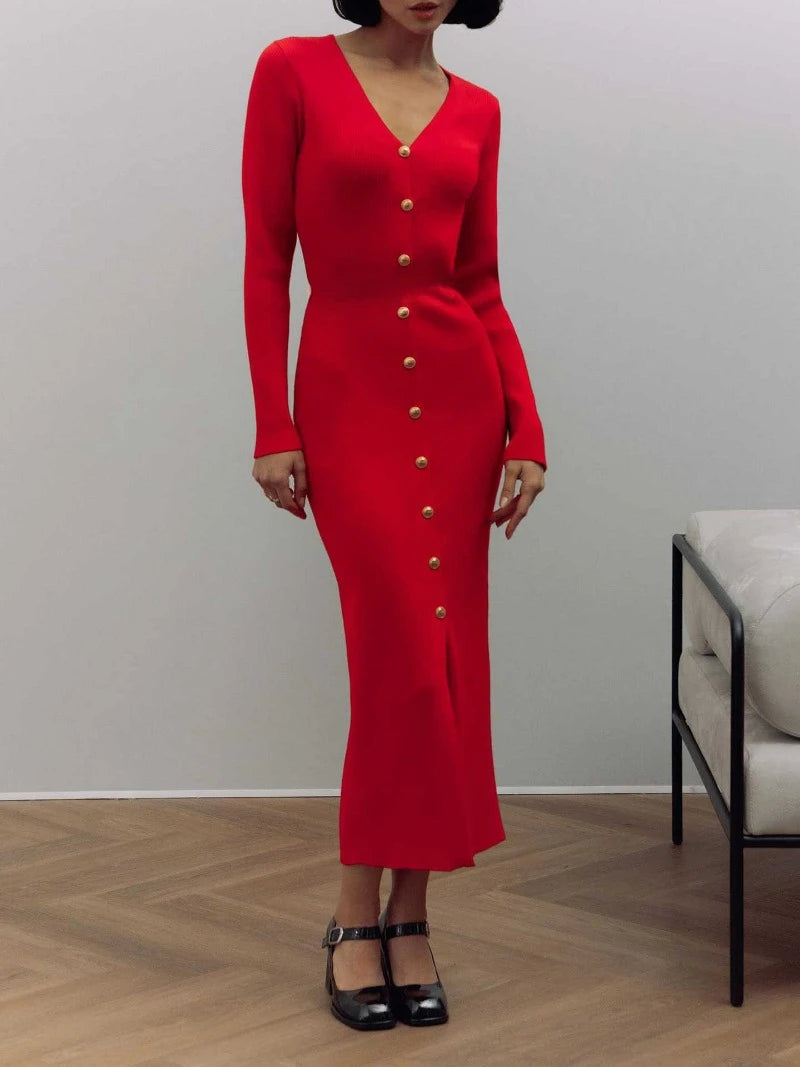 Trendix Elegantes Abendkleid für Damen, V-Ausschnitt, lange Ärmel, Patchwork, Knopf, Schlitz, Pullover, Kleider, 2024, Herbst und Winter, gestricktes Maxikleid