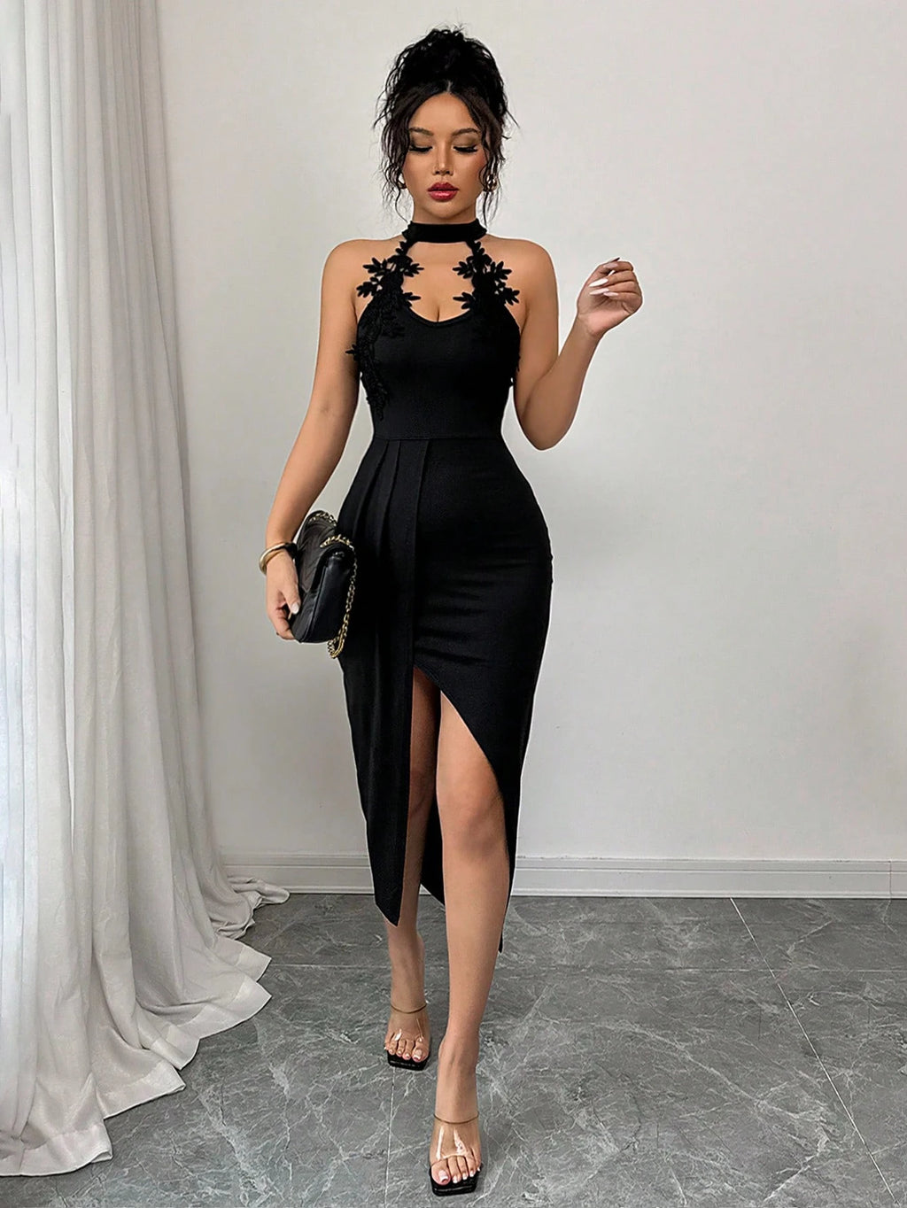 Midi-Kleid Frühling Sommer Damen Schwarzes Spitzenkleid mit Neckholder Ärmellos Geschlitzt Bodycon Sexy Party Club Cocktailkleid