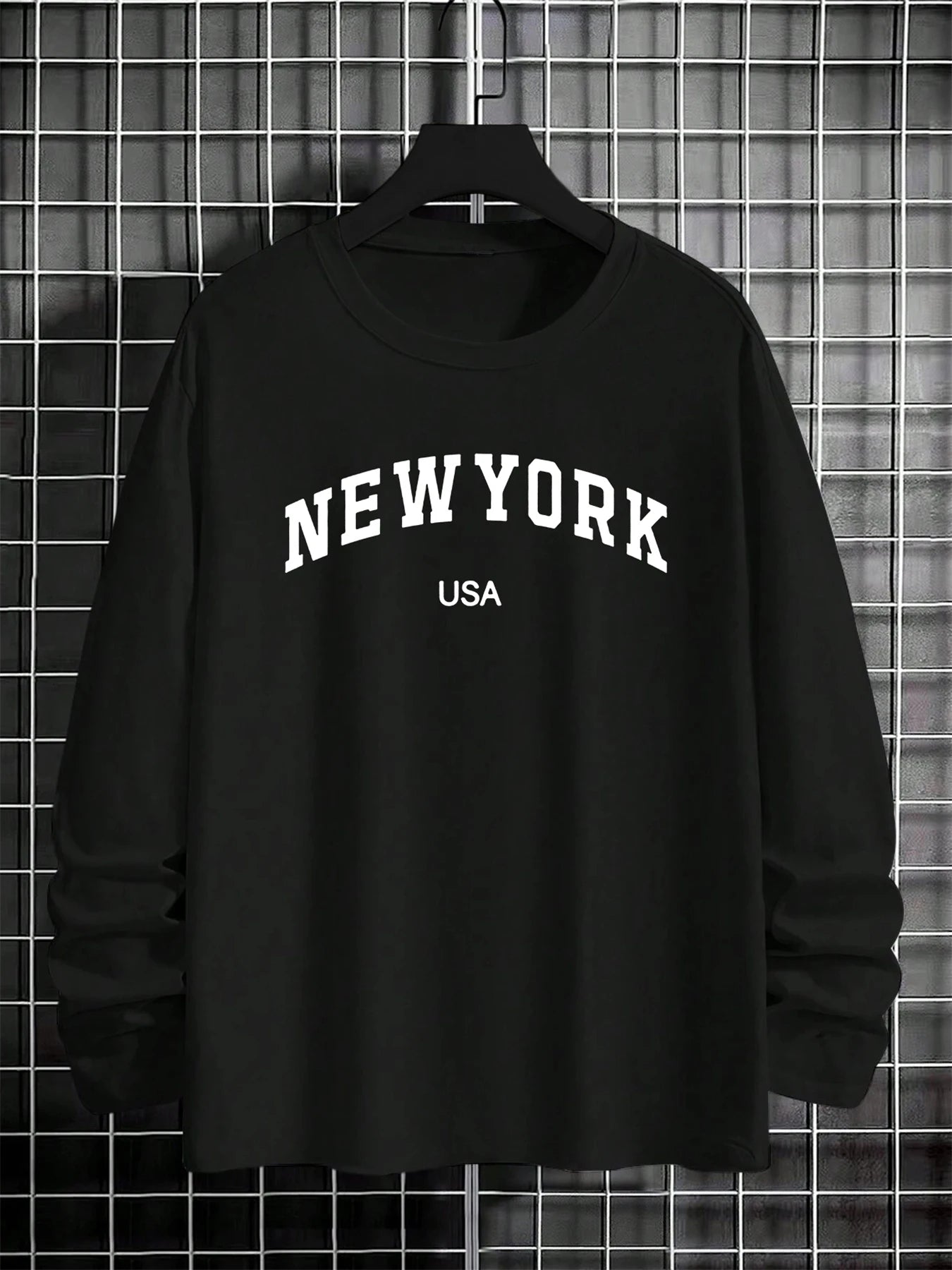 Men's 100% pure cotton comfortable sports casual loose plus size New York USA printed round neck long sleeved T-shirt top