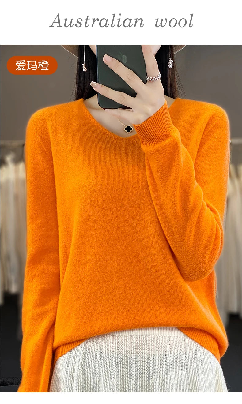 Frauen 100% Merinowolle Pullover V-Ausschnitt Basic Pullover Herbst Winter Kaschmir Kleidung Langarm weiche Strickwaren Tops einfarbig