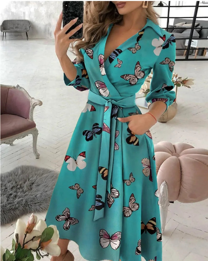 Herbst Neue Casual frauen Mode Lange ärmeln V-ausschnitt Gedruckt Muster Mid-länge Elegante Gedruckt frauen Kleid