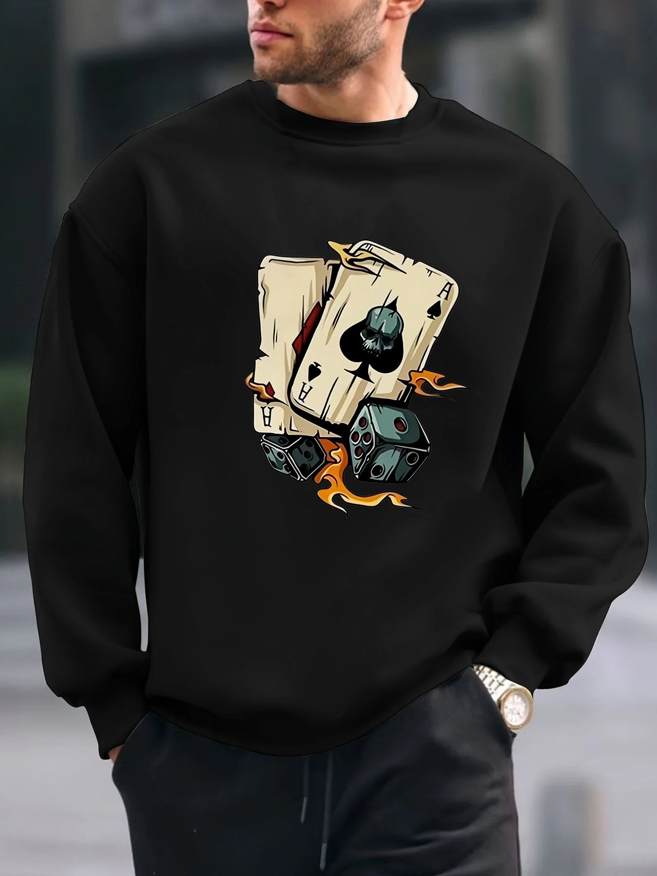 Men's autumn and winter fashionable casual loose poker and dice graphic printed long sleeved round neck sweatshirt