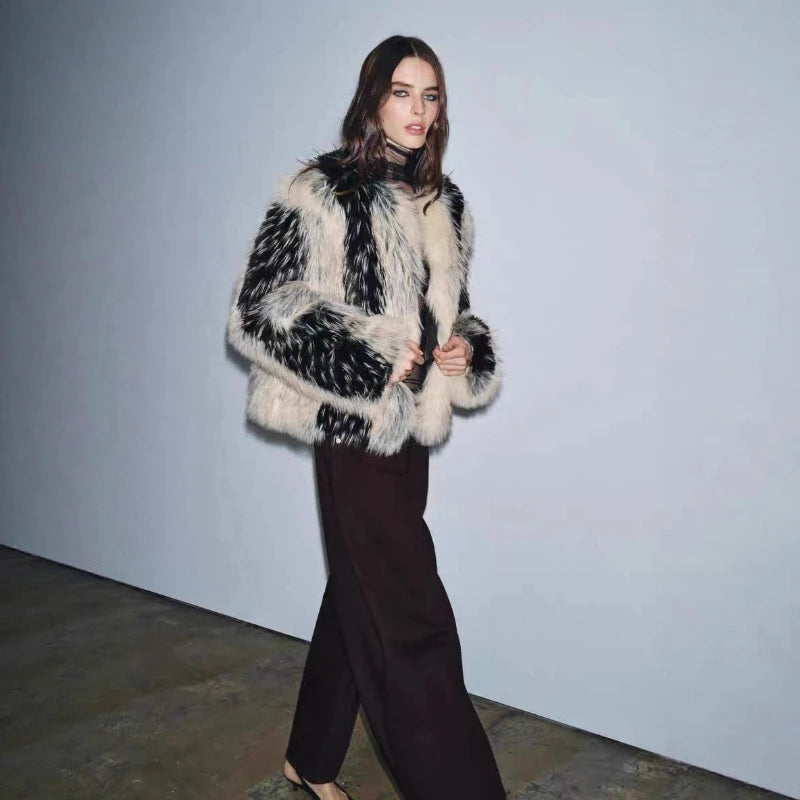 LEOSOXS Stilvolle Kontrast Faux Pelz Frauen Mantel Elegante Oansatz Einreiher Y2K Volle Hülse Weibliche Mäntel Winter Chic Dame Jacke