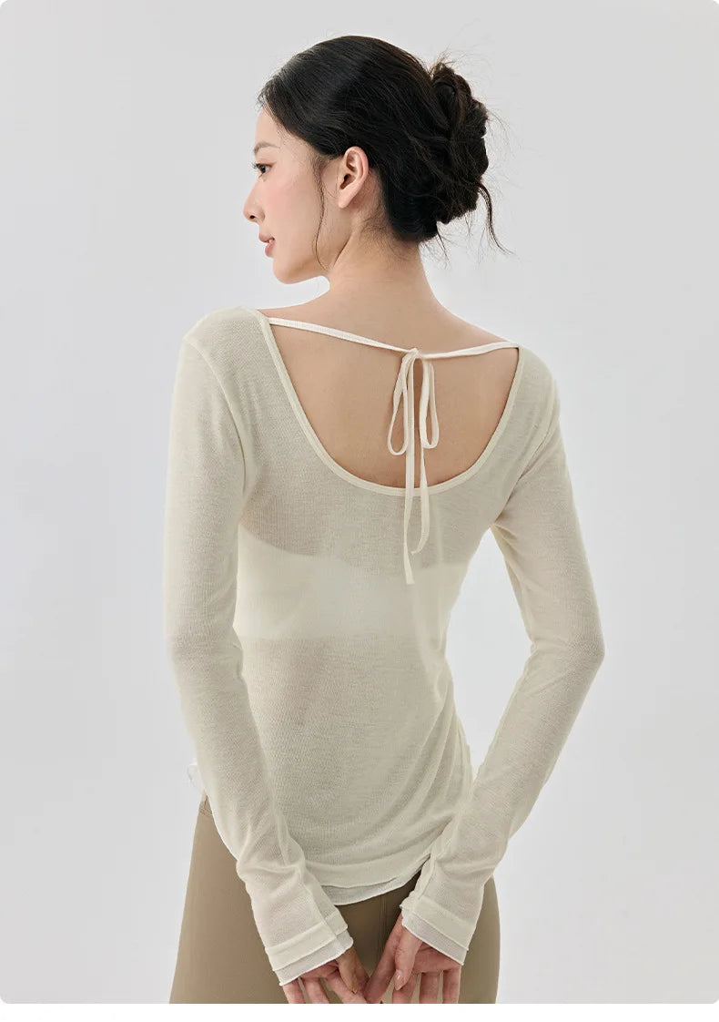 Frauen Fitness Gym Yoga Tops leichte atmungsaktive sexy rückenfreie langärmelige Sport Tops Cover-up T-Shirt Damenbekleidung