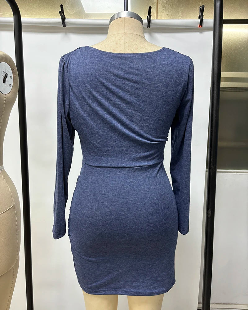 2024 Burst-Taille zeigen dünne einfarbige V-Ausschnitt Langarm engen Rock Folk Wind Nachtclub Kleid Frau