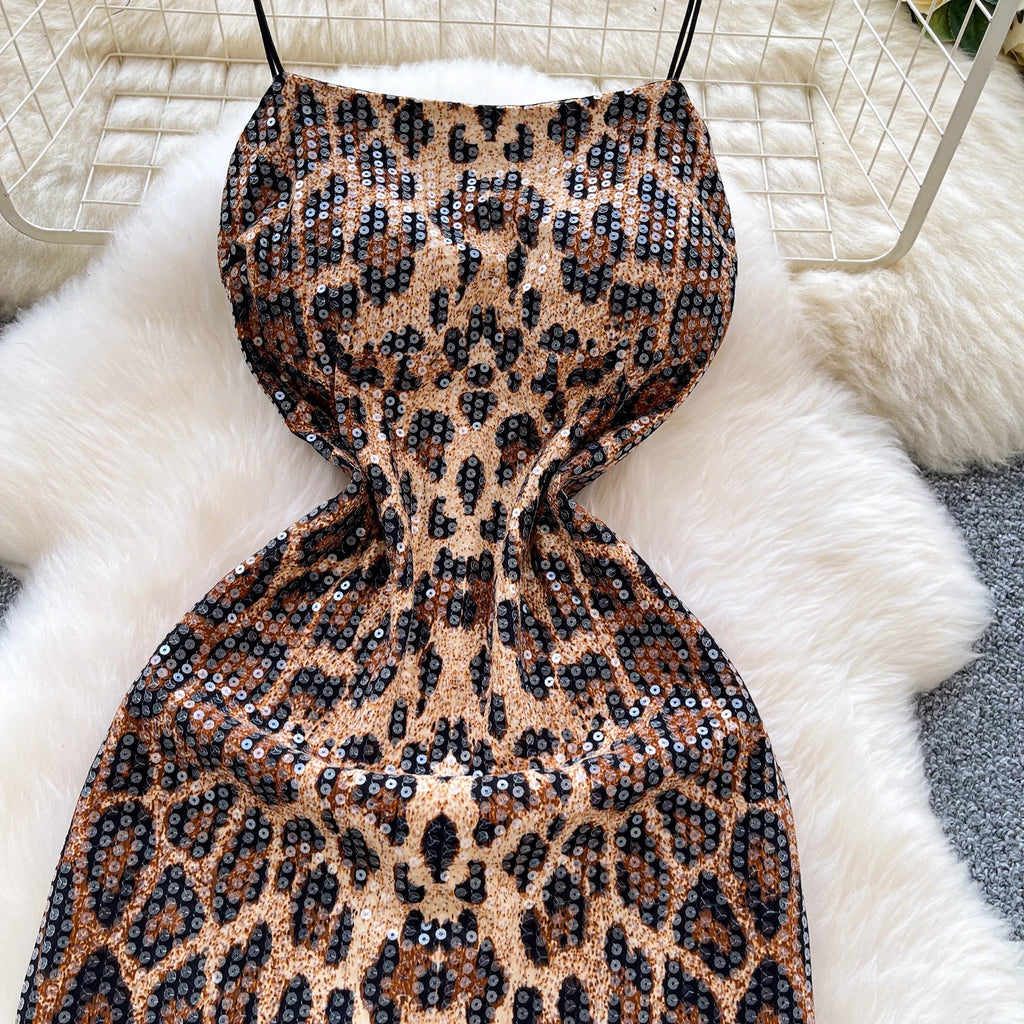 SINGREINY Sexy Leopard Women Dress 2026 Summer Trendy Night Club Party Sling Spicy Girl Sequined Glitter Bodycon Mini Dresses
