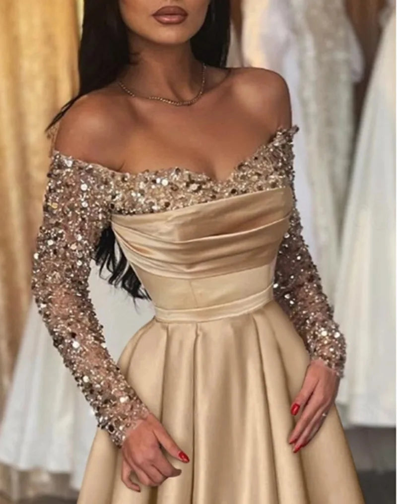 Langärmliges, glitzerndes Pailletten-Abendkleid 2026, formelles Party-Dinner, Bankett, Host-Kleider, elegantes, schulterfreies, bodenlanges Kleid