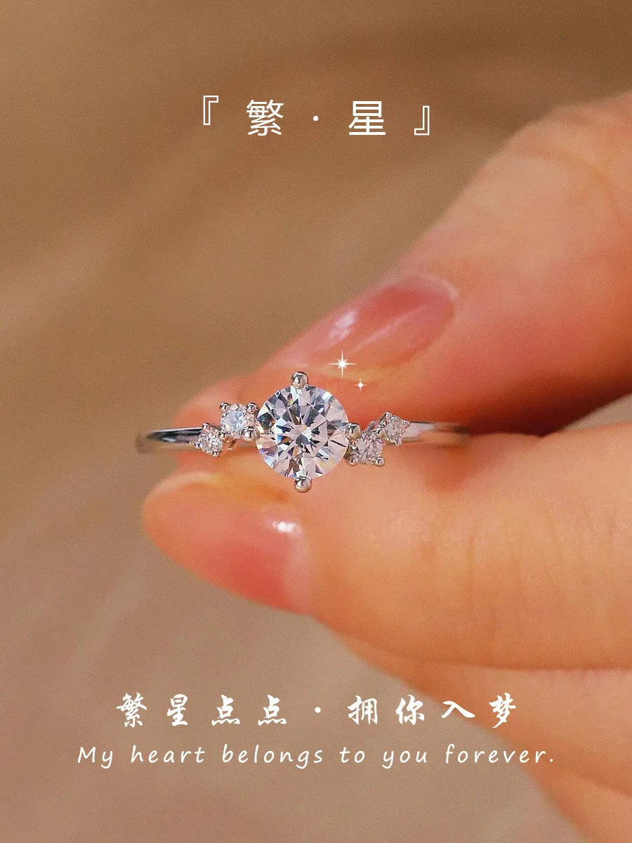 18K Weißgold und Platin PT950 1 Karat Moissanit-Ring für Damen, Vier-Krallen-Galaxie-Stern-Verlobungsring als Geschenk für die Freundin.