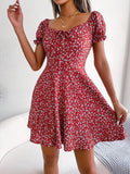 Sommer Blumendruck Kurzes Kleid Bufftrly Ärmel Retro Damenkleider Mode Lässig Square Neck Tunika Strandkleid Elegant Chic