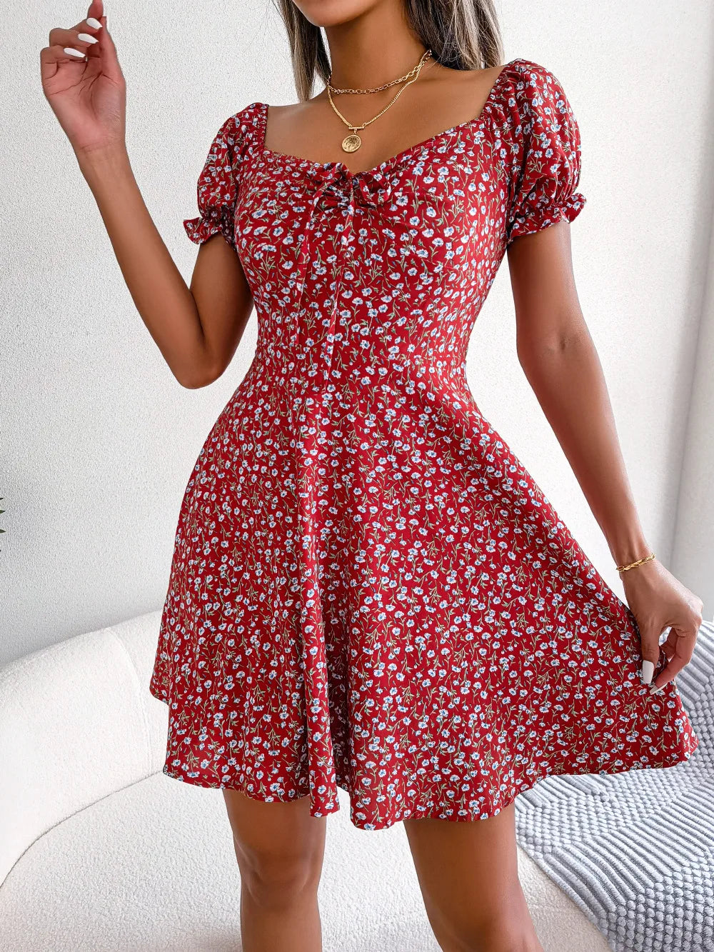 Sommer Blumendruck Kurzes Kleid Bufftrly Ärmel Retro Damenkleider Mode Lässig Square Neck Tunika Strandkleid Elegant Chic