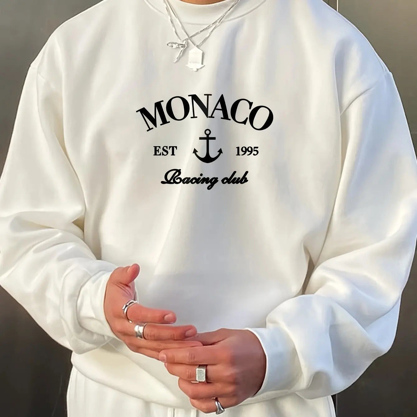 Men's autumn and winter fashionable casual loose monaco letter print fleece pullover long sleeved round neck sweatshirt