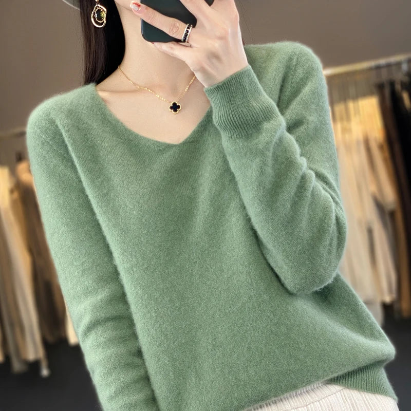 Frauen 100% Merinowolle Pullover V-Ausschnitt Basic Pullover Herbst Winter Kaschmir Kleidung Langarm weiche Strickwaren Tops einfarbig