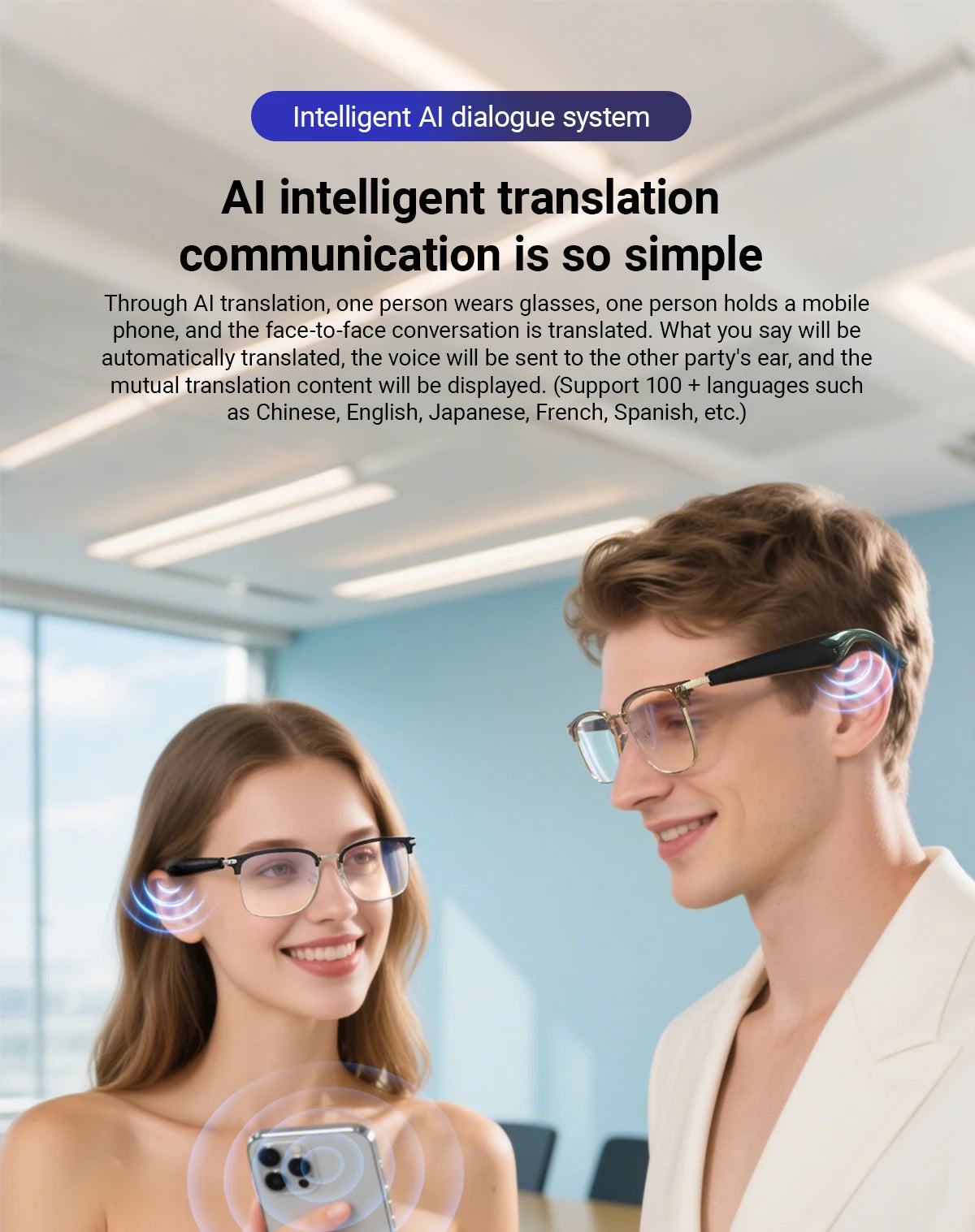 AI Simultaneous Translation Smart Wireless Bluetooth Glasses Anti-Blue Light Glasses Music Play Phone Answering Multi-functional