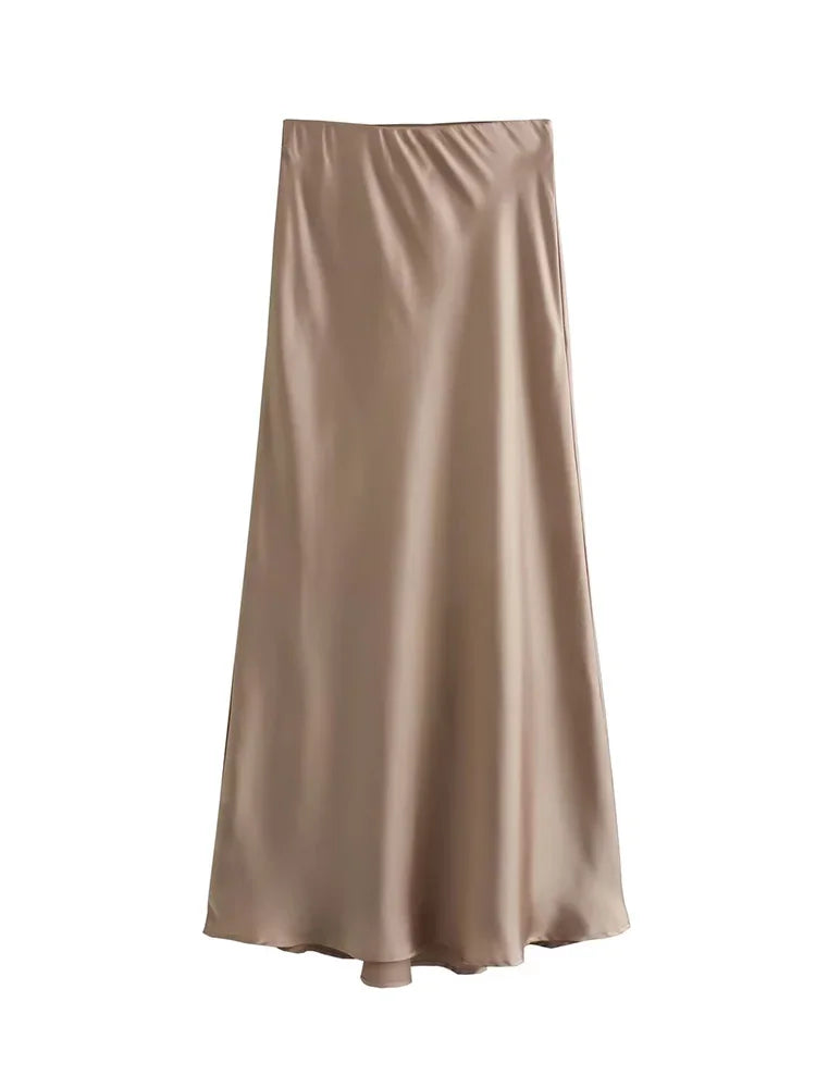 Willshela 2024 Schwarz Satin Rock Frau Hohe Taille Elegante Lange Röcke Für Frauen Mode Sommer Midi Rock Büro frauen Röcke