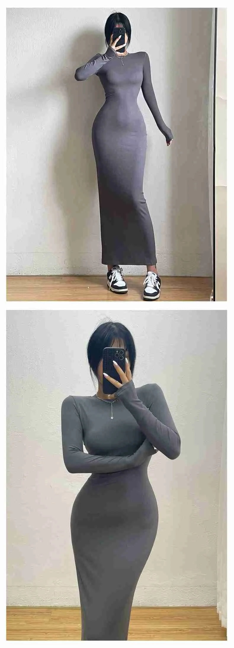 WOMENGAGA Einfache Maxi Langes Kleid Rundhals Langarm Enge Dünne Maxi Kleider Elegante Mode Koreanische Frauen Robe DEH8