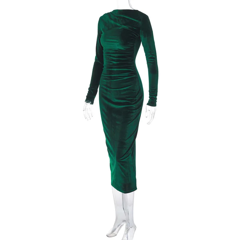 Dulzura 2024 Frühling Sommer Samt Langarm Midi Kleid Für Frauen Geraffte Lange Kleid Elegante Party Kleidung Abend Grün Outfits
