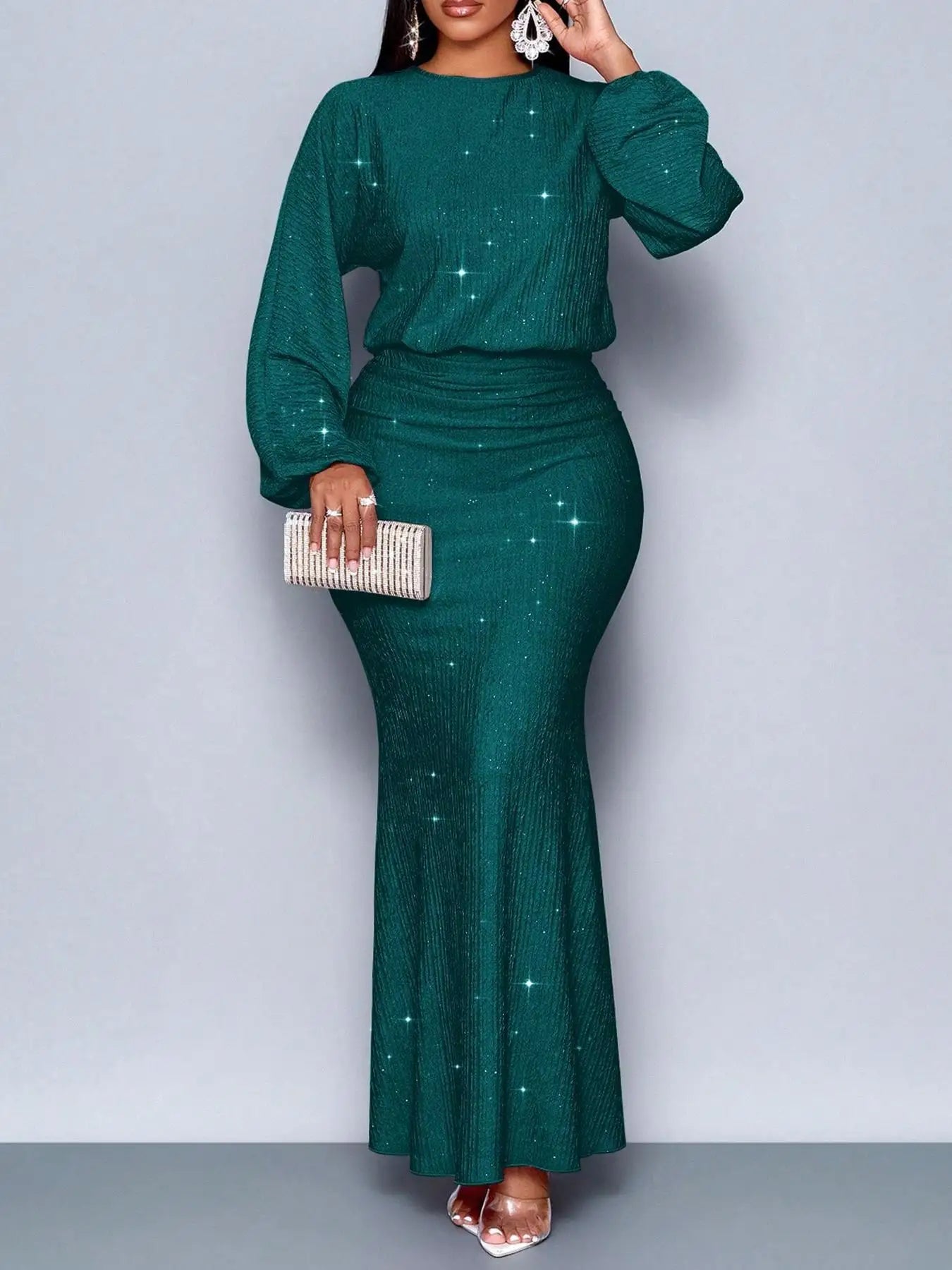 Elegantes, langärmliges Fischschwanzkleid mit Perlenverzierung und Falten für formelle Anlässe, Polyester-Lycra-Mischung, Sommer 2025,