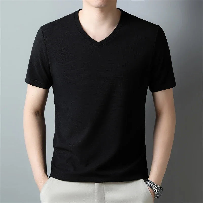 2024 Herren Neues Waffel-T-Shirt mit V-Ausschnitt und kurzen Ärmeln, Sommer, bequemes Oberteil