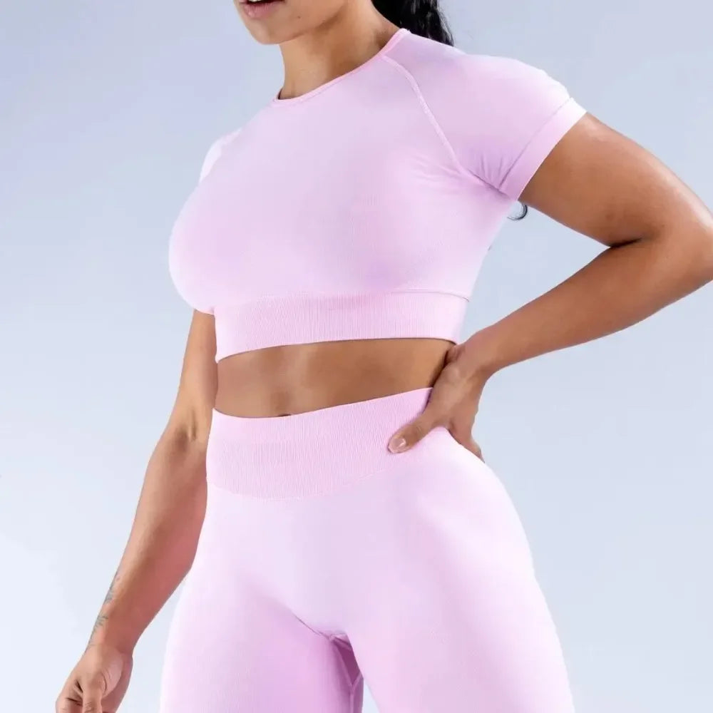 Sommer-Damen-Yoga-Top, einfarbig, kurzärmelig, mit freiliegendem Nabel, eng anliegend, Rundhalsausschnitt, für Fitnessstudio, Sport, kurzärmeliges T-Shirt