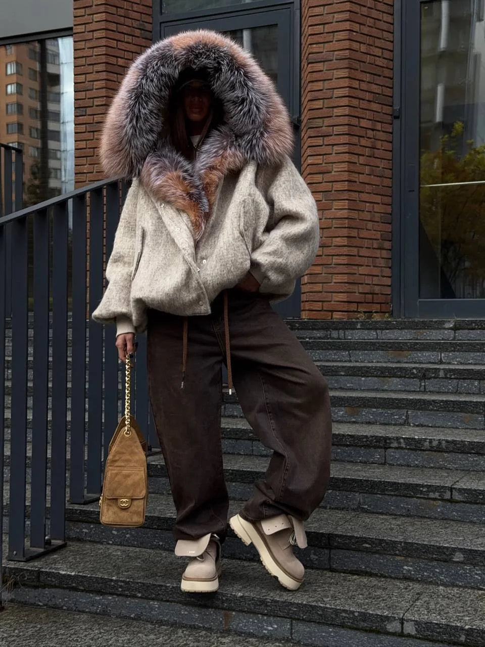 Gefärbter Pelzkragen, kurze Wolljacke für Damen, modisch, Revers, volle Ärmel, einreihig, Patchwork, lose Jacken, 2025, Winter-Outwear