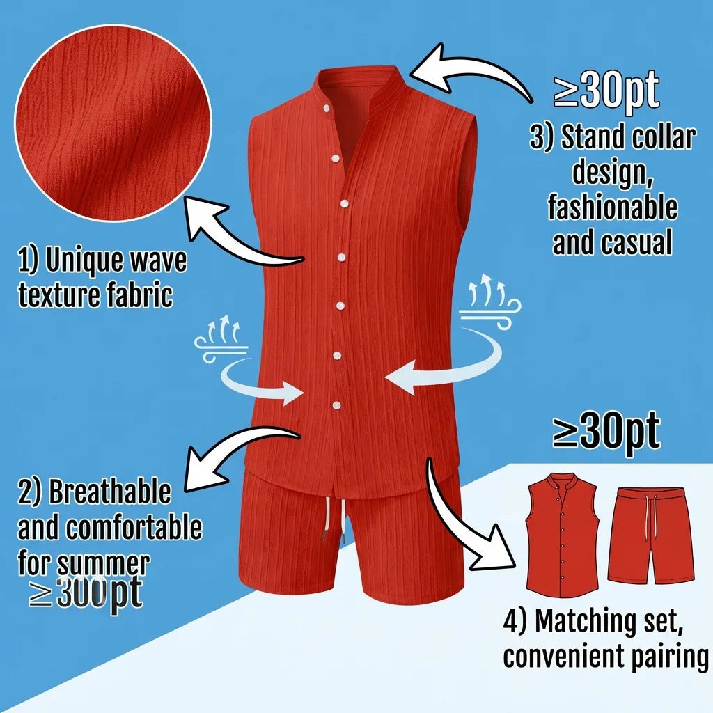 Sommer Neue Herren Mode Stehkragen Einfarbiges Besticktes Ärmelloses Hemd Shorts Set Lässige Strandkleidung