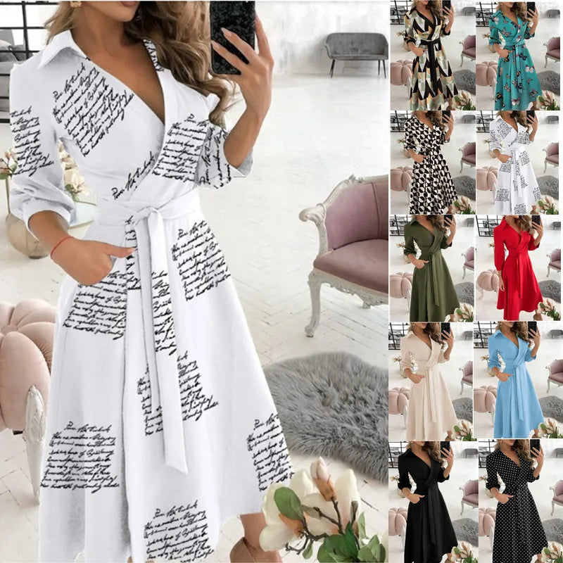 Herbst Neue Casual frauen Mode Lange ärmeln V-ausschnitt Gedruckt Muster Mid-länge Elegante Gedruckt frauen Kleid