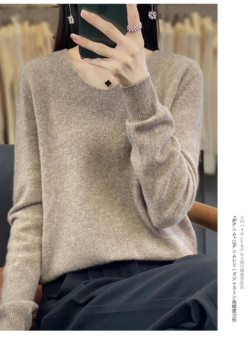 Frauen 100% Merinowolle Pullover V-Ausschnitt Basic Pullover Herbst Winter Kaschmir Kleidung Langarm weiche Strickwaren Tops einfarbig