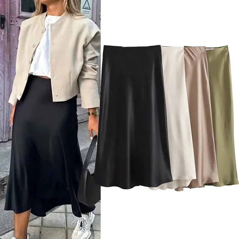 Willshela 2024 Schwarz Satin Rock Frau Hohe Taille Elegante Lange Röcke Für Frauen Mode Sommer Midi Rock Büro frauen Röcke