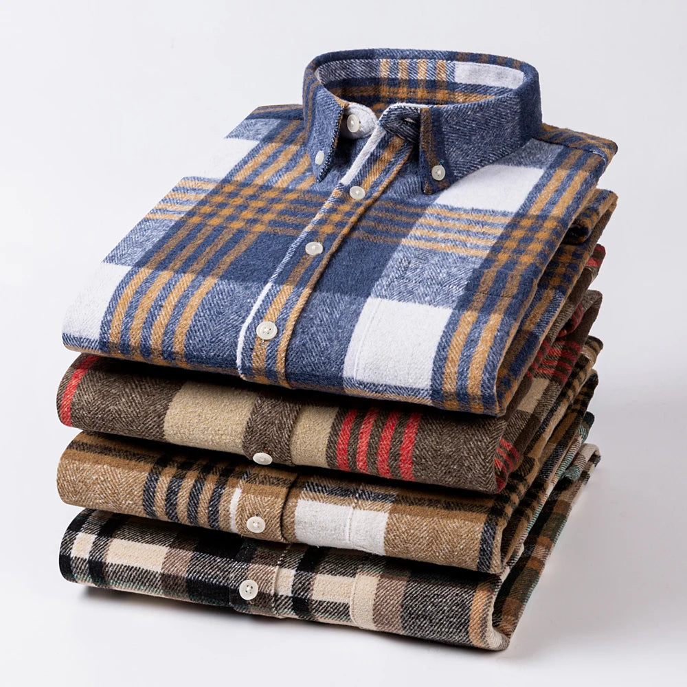 Langärmliges Flanell-Karohemd für Herren – weiche reine Baumwolle, Button-Down-Hemden, dick, Herbst und Winter – Wochenend-Casual, Ausgehen