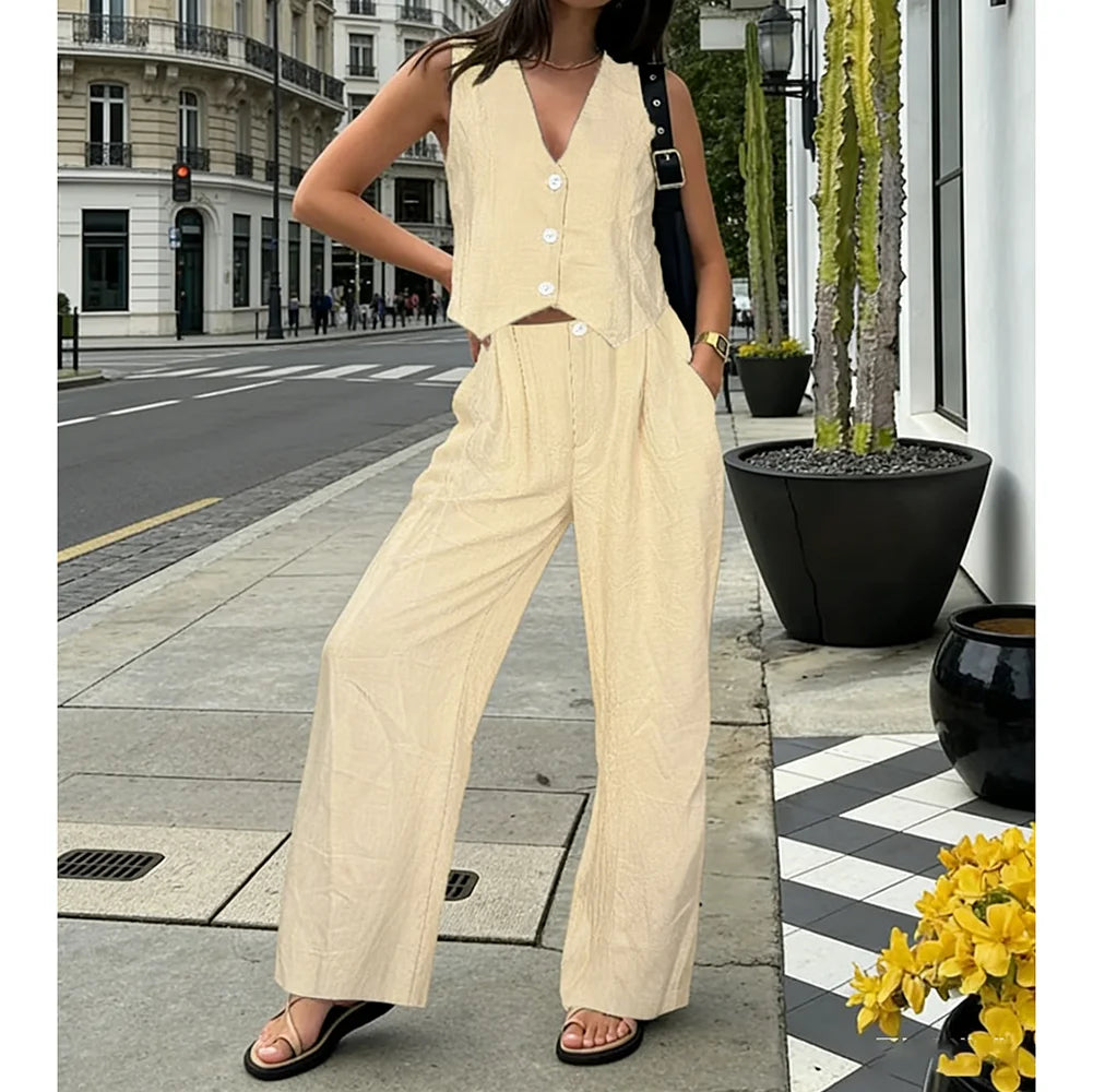 2026 Neues Retro Relaxed 2-Teiliges Set für Damen: Aprikosenfarbene Ärmellose Weste + Hochgeschnittene Weite Hose Schlankheitsfördernd & Aufhöhen-Wirkung