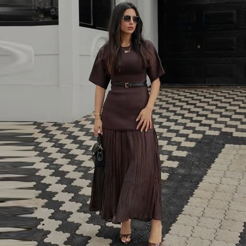 HXAO Damenkleider, braunes Plisseekleid, Sommer 2022, elegant, gestrickt, kurzärmelig, Vestidos, schick, Patchwork, O-Ausschnitt, Urlaubskleider