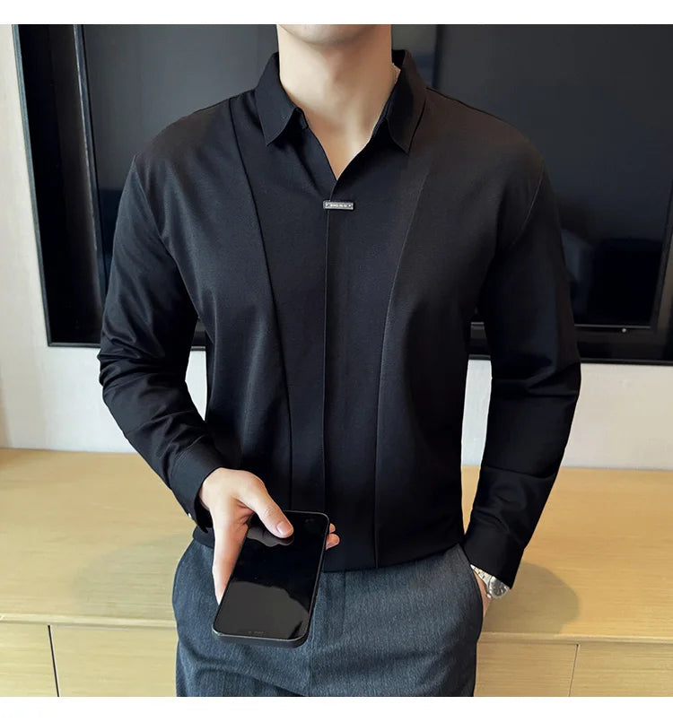 Herren-Poloshirt mit langen Ärmeln, 2026, Frühling, britischer Stil, einfarbig, elastisch, schmale Passform, T-Shirt, formelle Kleidung, Poloshirt, Herrenbekleidung