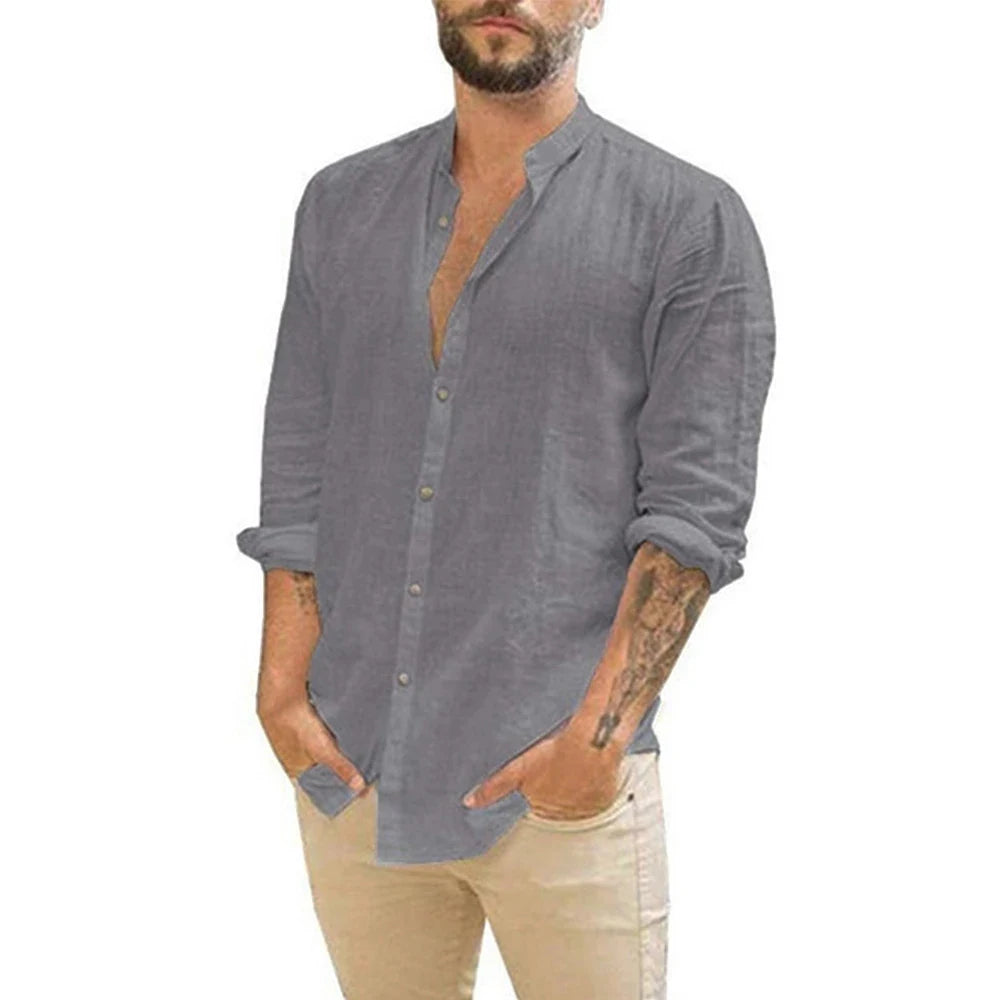 Baumwolle Leinen Heißer Verkauf männer Langarm Shirts Sommer Einfarbig Stehkragen Casual Strand Stil Plus Größe