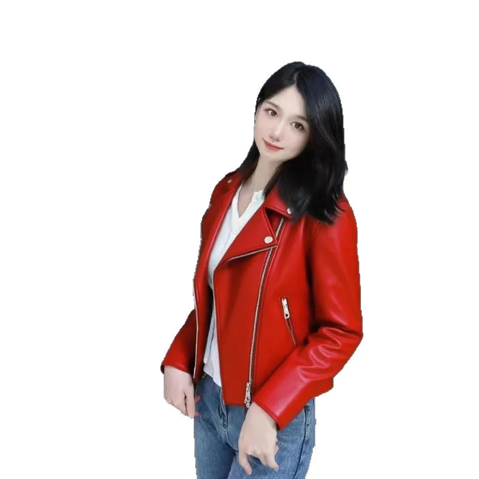 Modische rote PU-Lederjacke für Damen, kurzer Mantel, Stehkragen, Frühling und Herbst, dünner Stil, künstlerische Retro-Passform, lange Ärmel