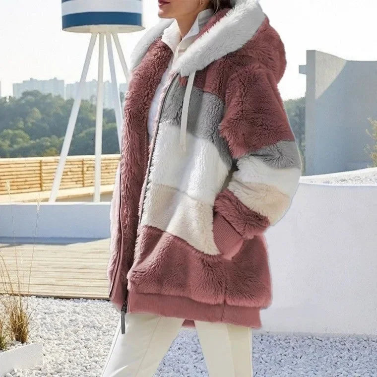 Warme Fleece-Übergroße Kapuzenjacke für Damen, Herbst und Winter, verdickte Reißverschlusstasche, Patchwork-Kleidung, bequemes Sweatshirt